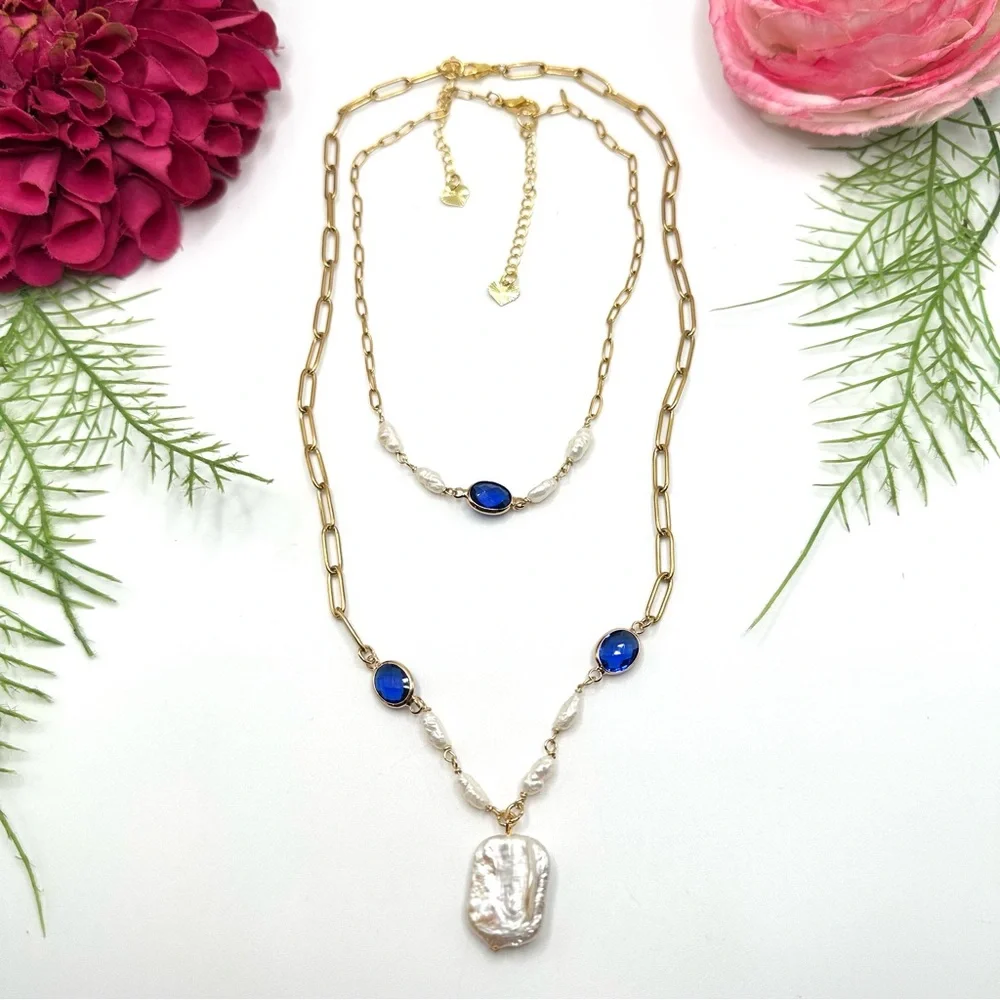 NEW⚜️Freshwater Baroque Pearl & Sapphire Crystal Necklace - Picture 5 of 7